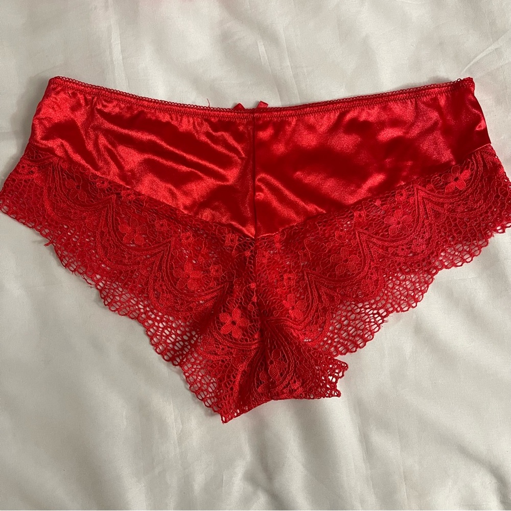 Red satin lace  long line bra and panty two piece set - Picture 4 of 7